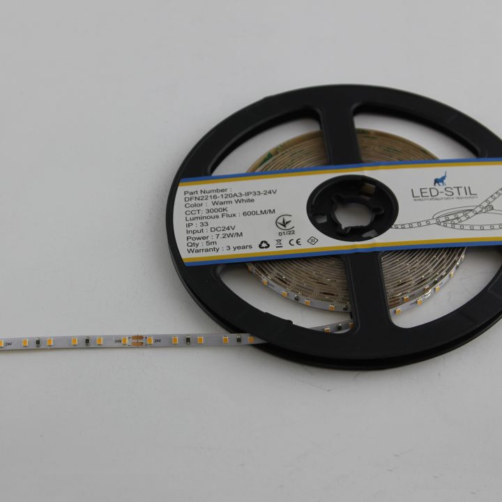 Світлодіодна стрічка LED-STIL 3000K 7,2 Вт/м 2216 120 діодів IP33 24 Вольти 580 lm тепле світло,  ВУЗЬКА