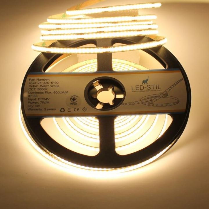 Світлодіодна стрічка LED-STIL 3000K 7 Вт/м COB 320 діодів IP33 24 Вольти 600 lm тепле світло, ВУЗЬКА